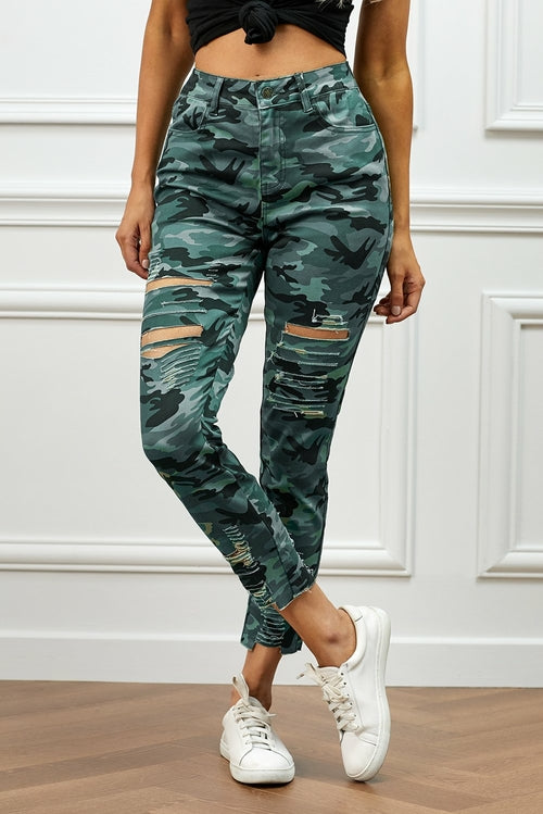 Camouflage Hollow out Skinny Jeans with Pocket Jade