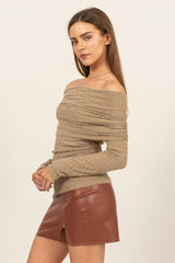 HYFVE Fuzzy Off Shoulder Textured Knit Top Trendsi