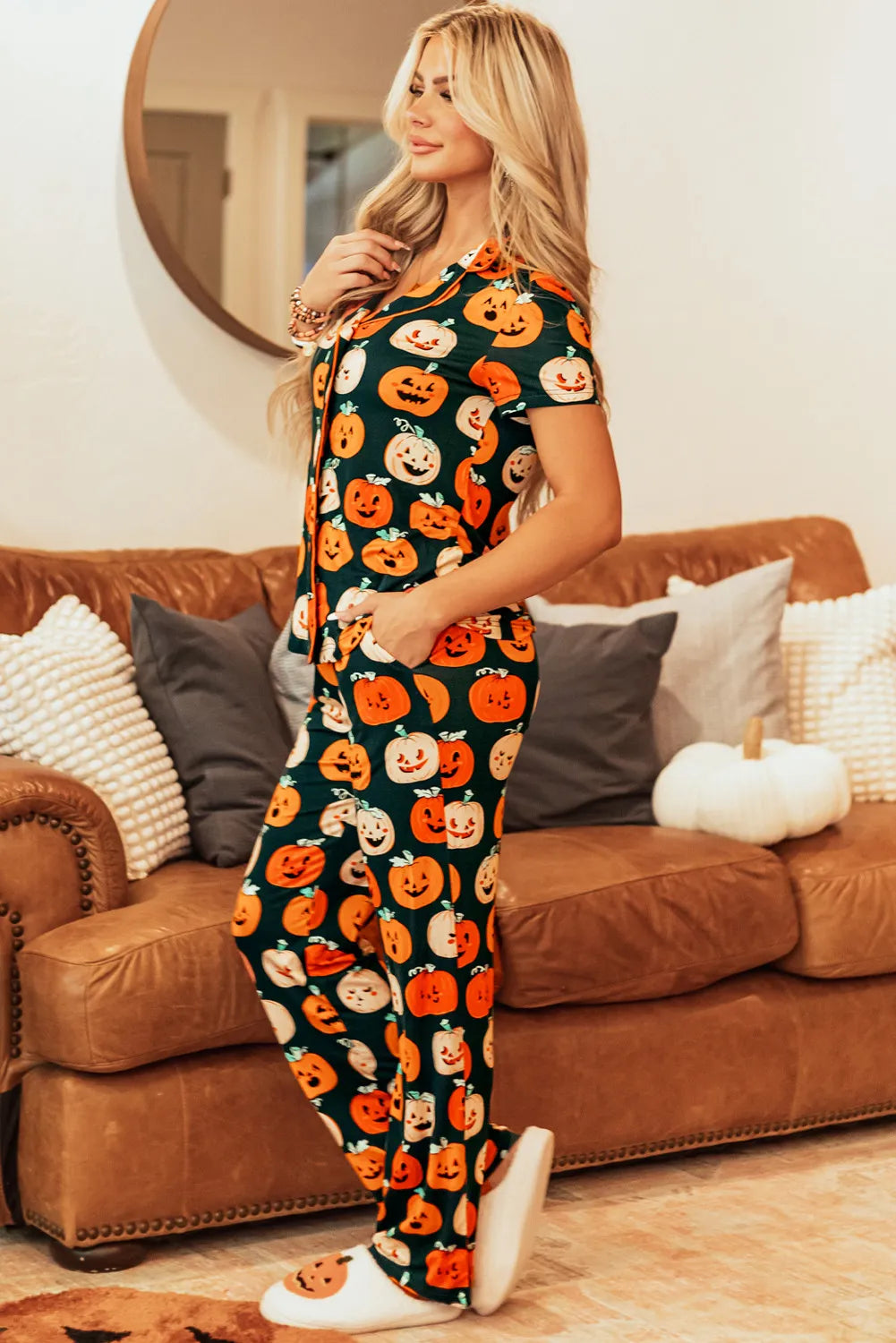 Pumpkin Printed Short Sleeve Top and Pants Lounge Set Trendsi