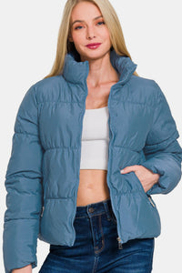 Zenana Zip Up Turtleneck Puffer Jacket with Pockets Trendsi