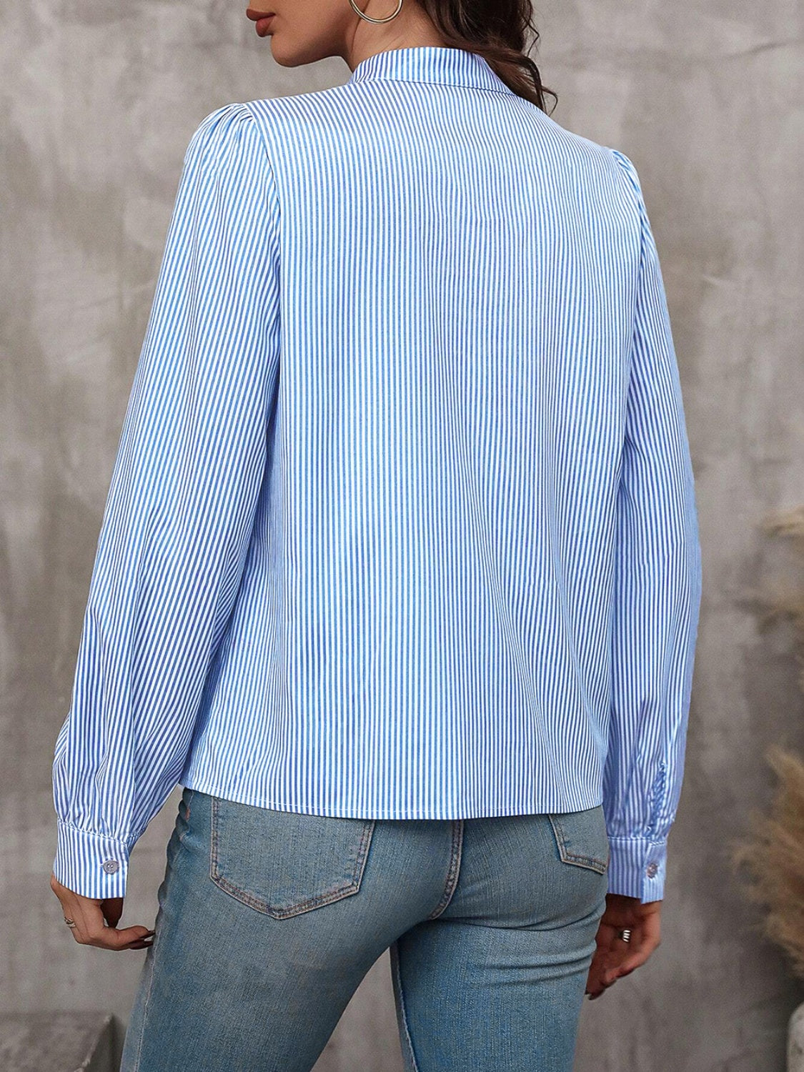 Striped Tie Neck Long Sleeve Blouse Trendsi