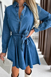 Tied Half Button Long Sleeve Denim Dress Trendsi