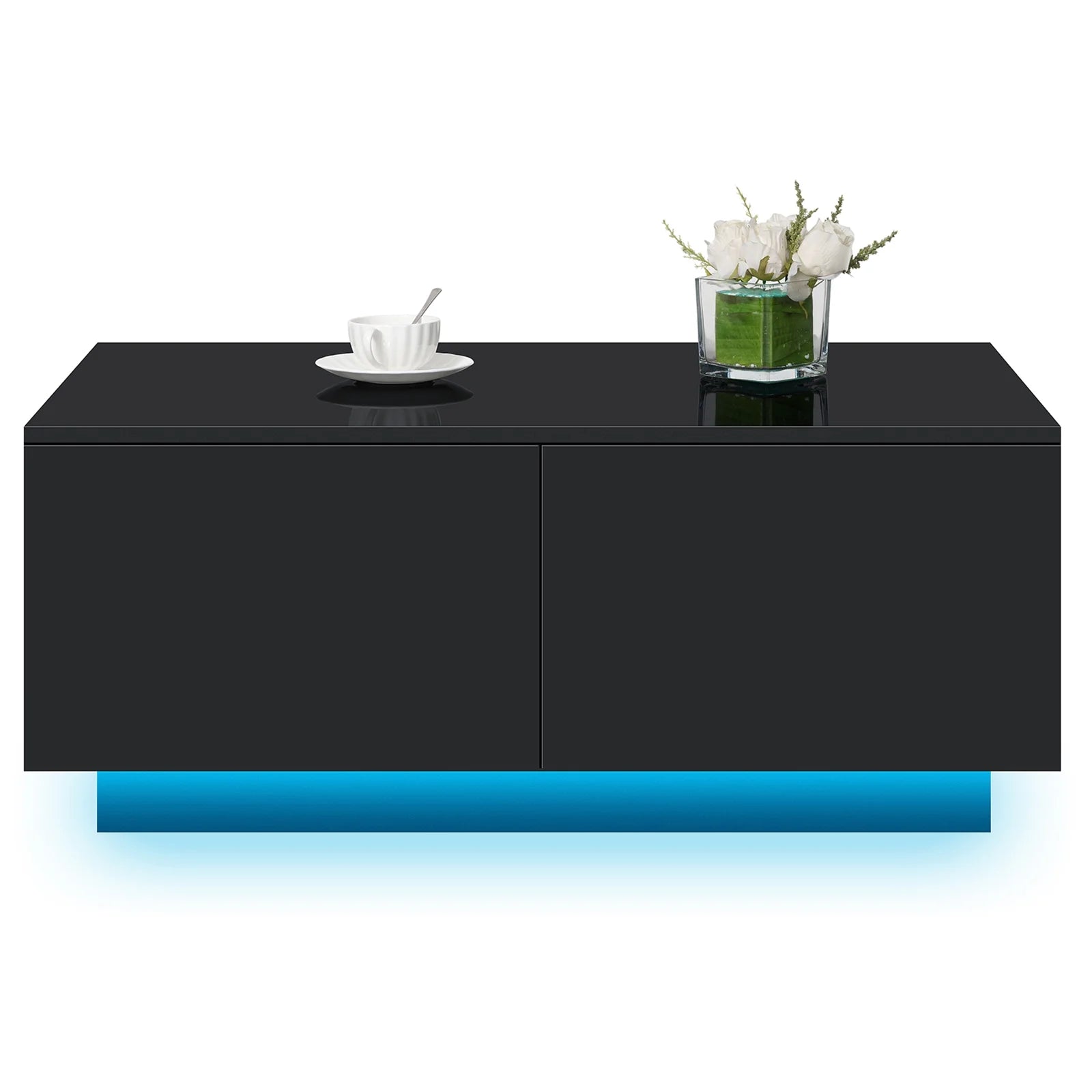 LED Coffee Table with 4 Drawers Center Cocktail Side Table Black High Gloss Finish