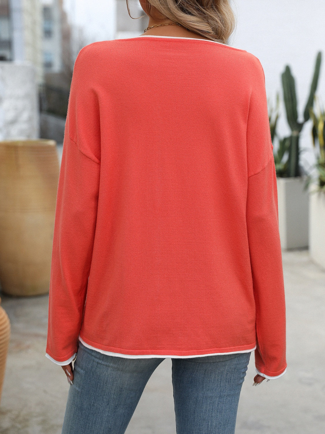 Contrast Trim Round Neck Long Sleeve Sweater Trendsi