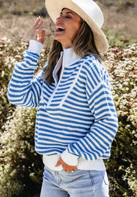 Striped Half Zip Mock Neck Long Sleeve Sweater Trendsi