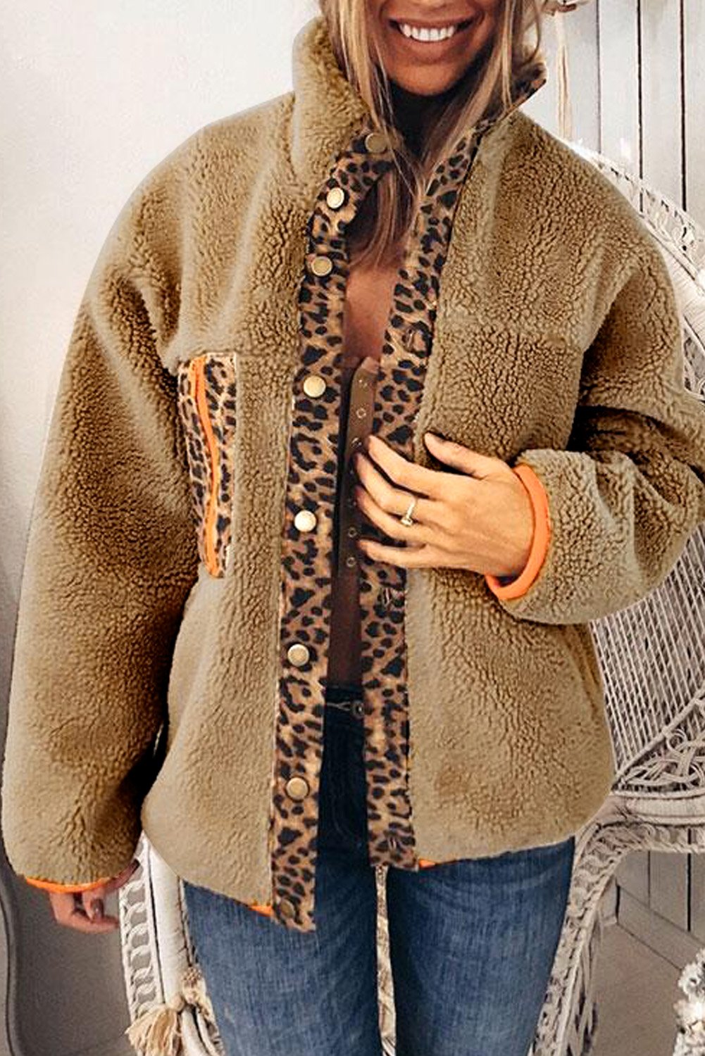 Leopard Patchwork Buttoned Fleece Coat Jade