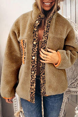 Leopard Patchwork Buttoned Fleece Coat Jade