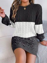 Cable-Knit Round Neck Color Block Sweater Dress Trendsi