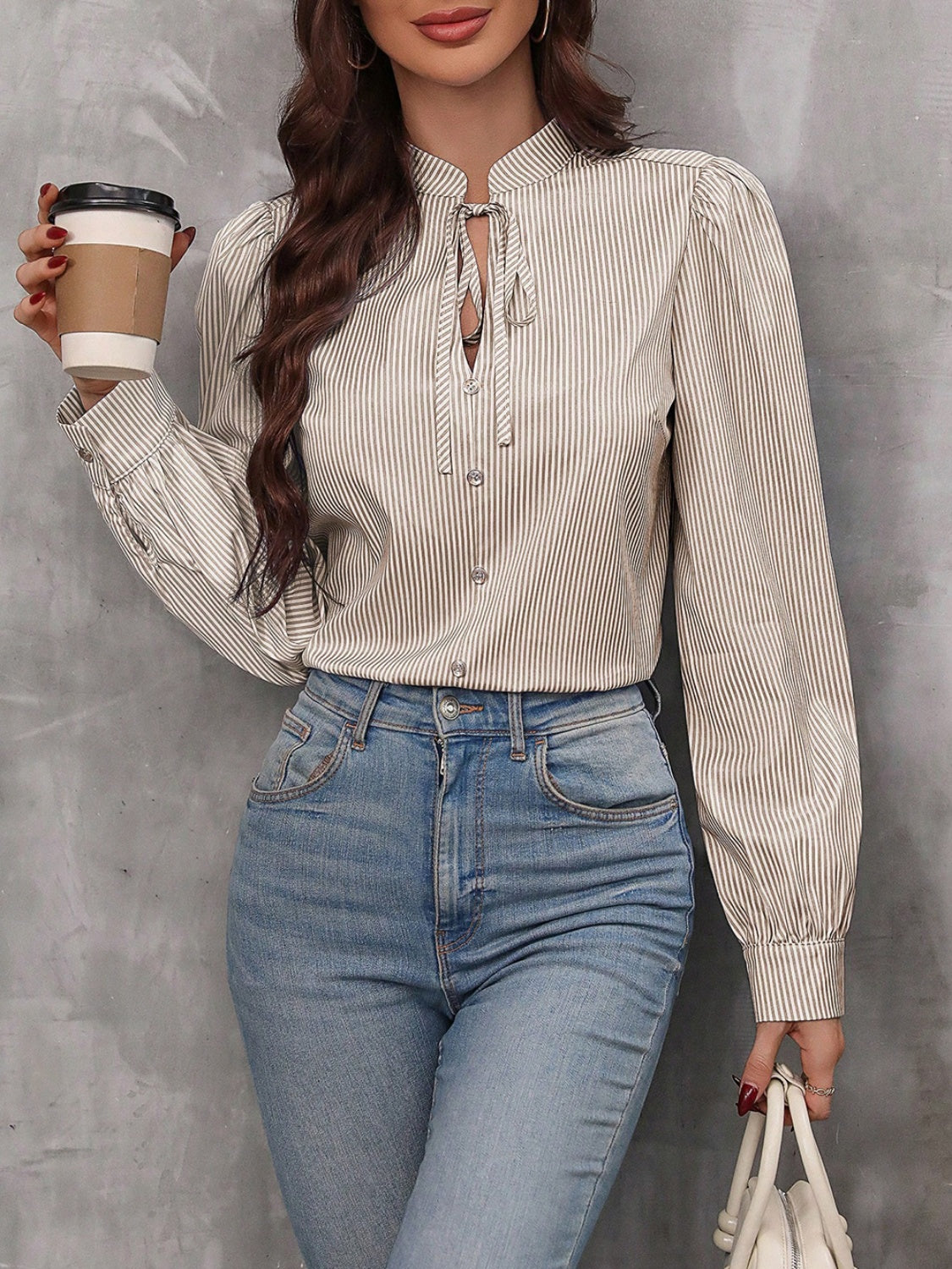 Striped Tie Neck Long Sleeve Blouse Trendsi