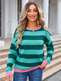 Striped Round Neck Dropped Shoulder Sweater Trendsi