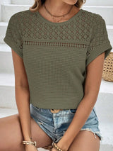 Waffle-Knit Round Neck Short Sleeve Top Trendsi