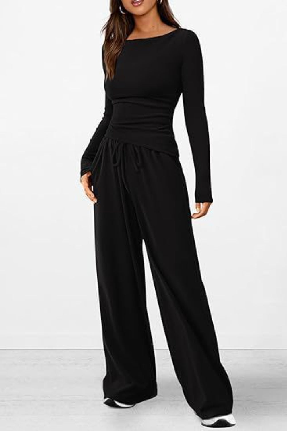 Round Neck Long Sleeve Top and Pants Set Trendsi