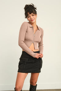 HYFVE Ribbed Double Zip Cropped Cardigan Trendsi