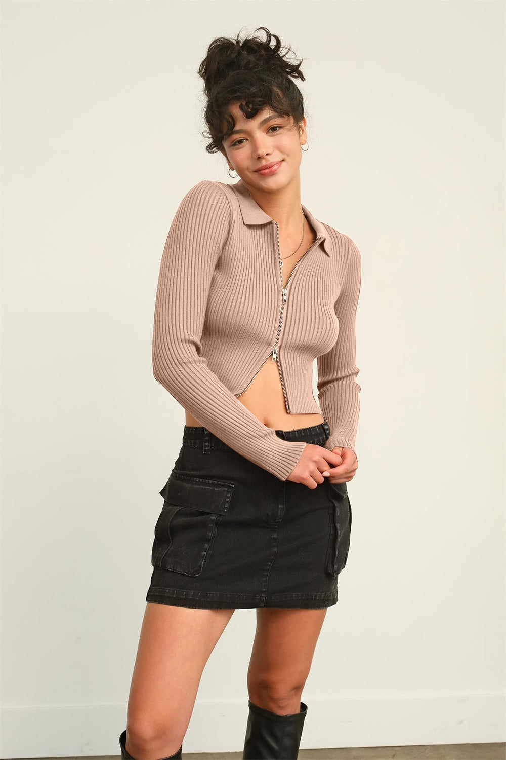 HYFVE Ribbed Double Zip Cropped Cardigan Trendsi