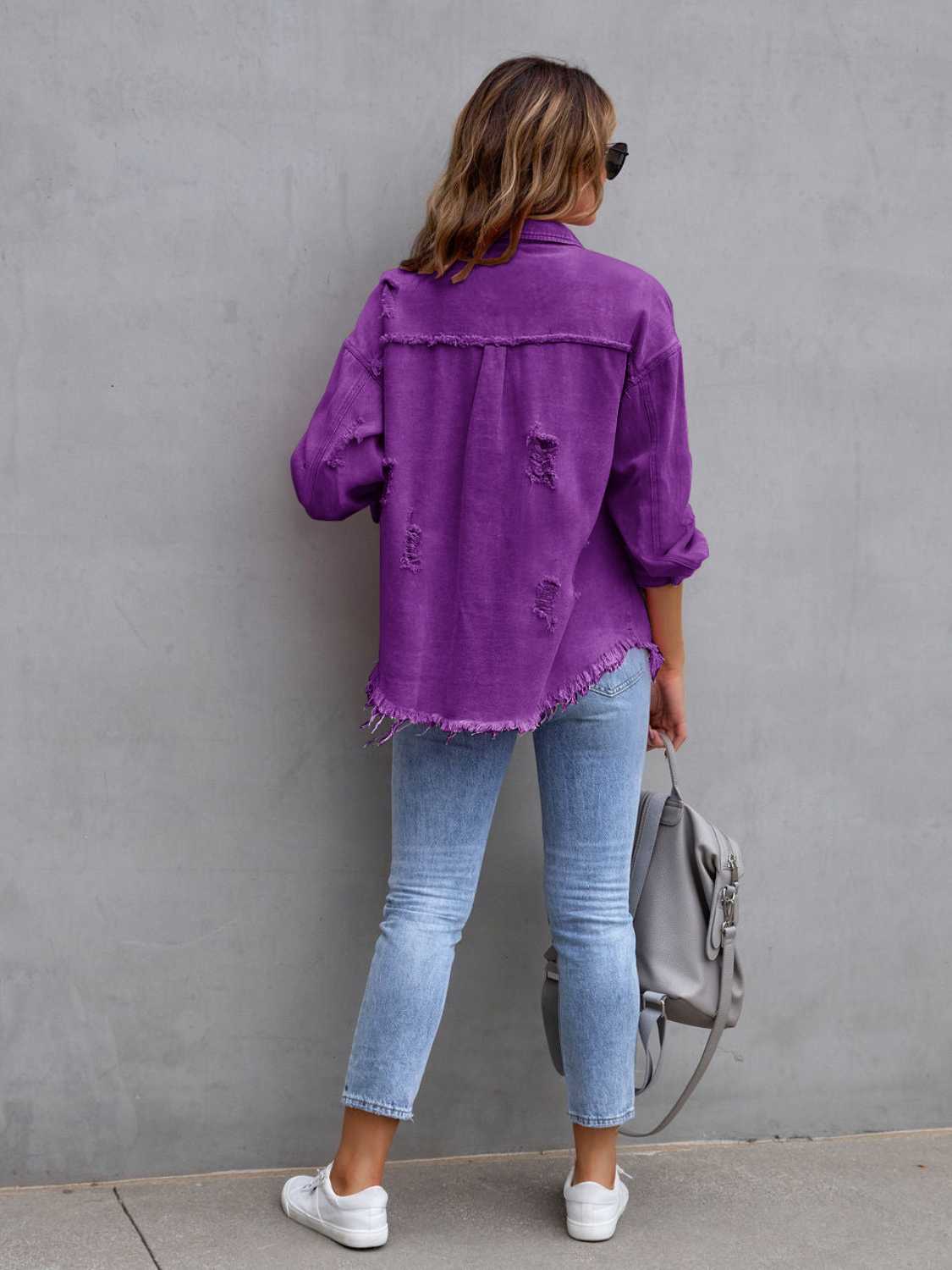 Distressed Drop Shoulder Denim Jacket Trendsi