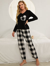 Plaid Heart Top and Pants Lounge Set Trendsi