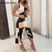 Women V-Neck Colorblock Print Knotted Irregular Dress Elegant Sexy Office Lady Dress