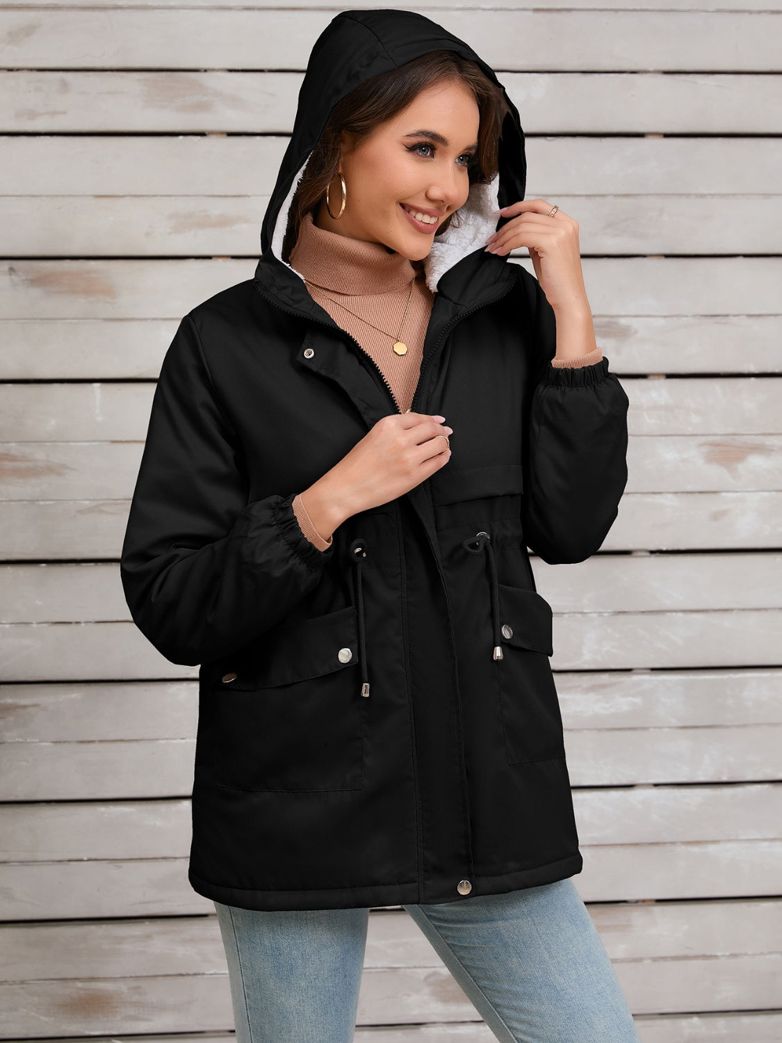 Drawstring Long Sleeve Hooded Jacket Trendsi