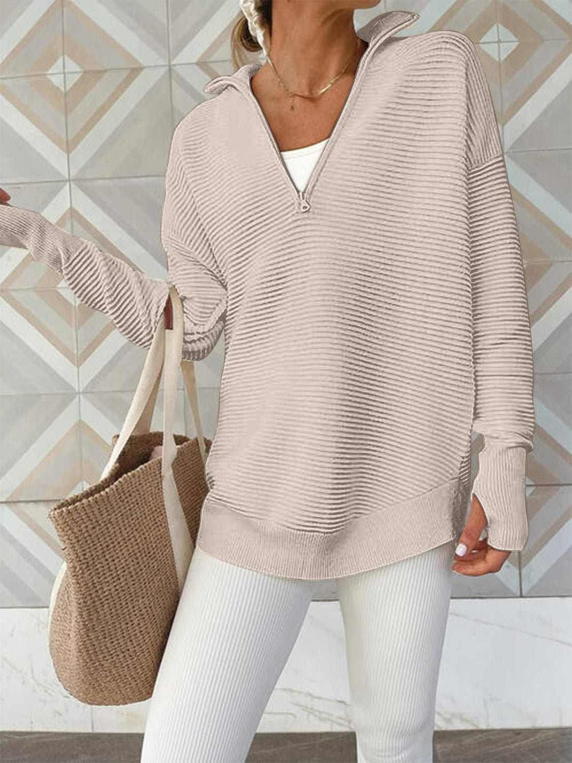 Half Zip Long Sleeve Knit Top Trendsi