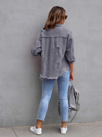 Distressed Drop Shoulder Denim Jacket Trendsi