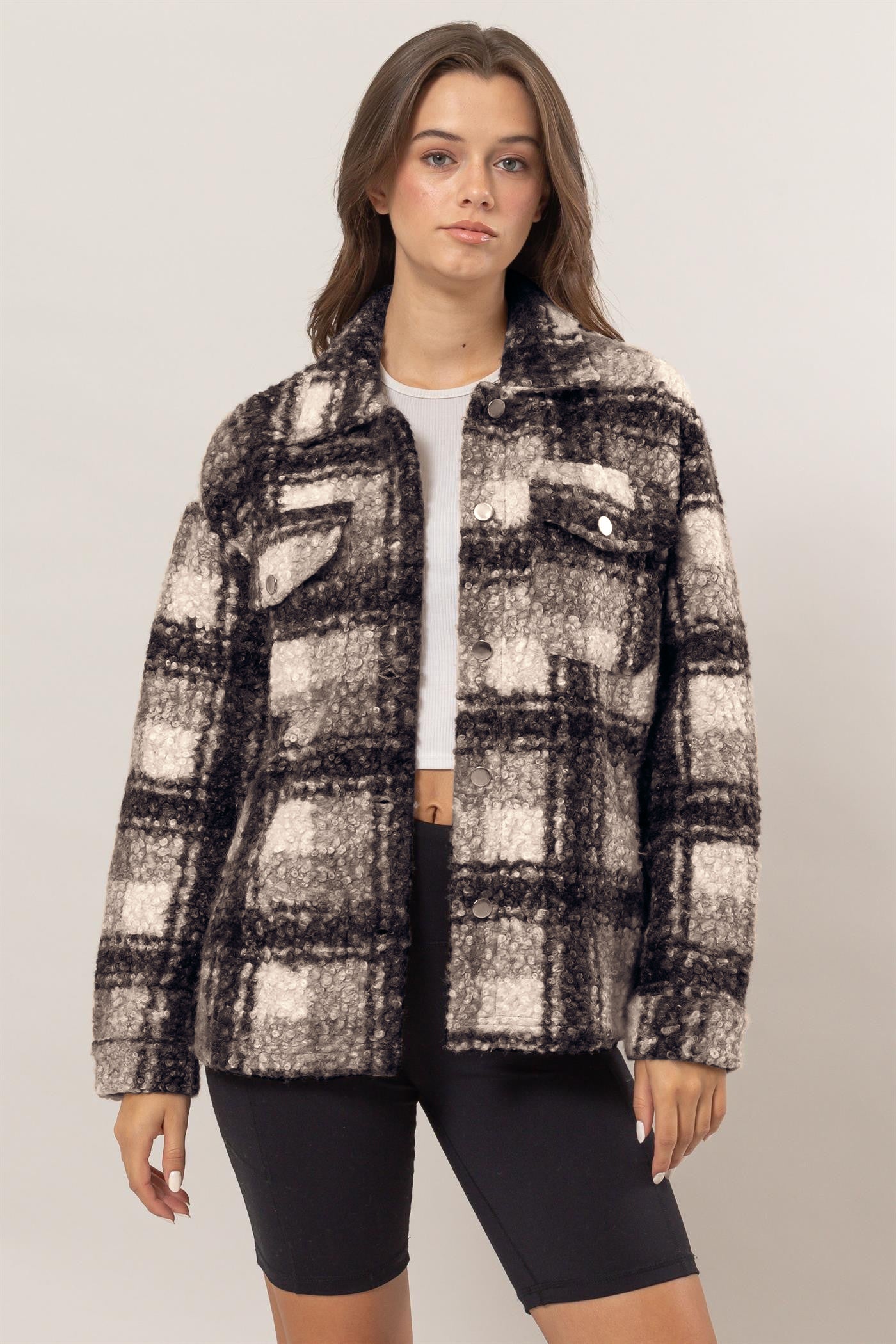 HYFVE Plaid Button Up Boucle Jacket Trendsi