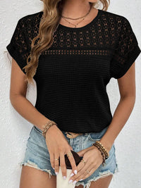 Waffle-Knit Round Neck Short Sleeve Top Trendsi