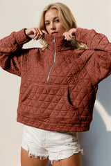 Double Take Half Zip Long Sleeve Quilted Sweatshirt with Pocket Trendsi