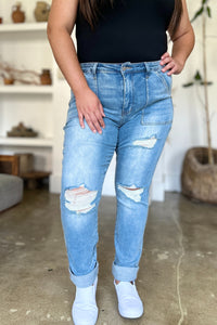 Judy Blue Full Size Distressed Straight Jeans with Patch Pockets Trendsi