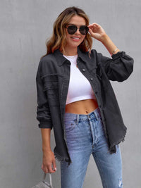 Distressed Drop Shoulder Denim Jacket Trendsi