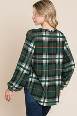 BOMBOM Curved Hem Plaid Round Neck Long Sleeve Top Trendsi