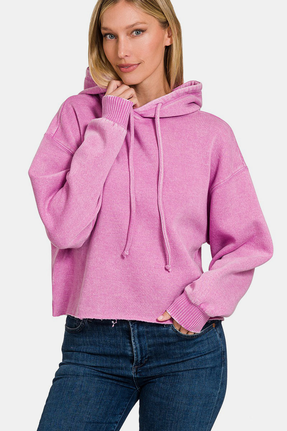 Zenana Acid Wash Fleece Cropped Hoodie Trendsi