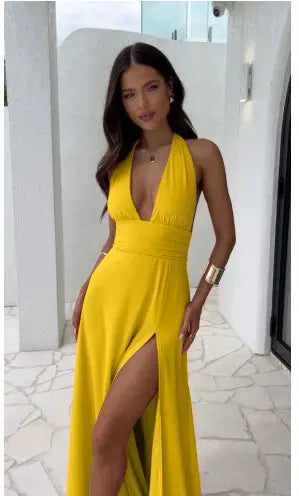 Sexy Halterneck V-neck Slit Dress Summer Backless Strappy Skirt Fashion Temperament Clothing Women InSpaceX Fashion