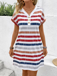 Striped V-Neck Short Sleeve Dress Trendsi