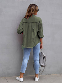 Distressed Drop Shoulder Denim Jacket Trendsi