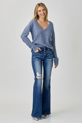 RISEN Distressed Button-Fly Flare Jeans Trendsi