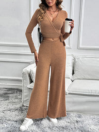 Perfee Surplice Long Sleeve Top and Pants Set Trendsi