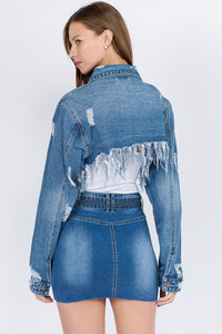 American Bazi Distressed Denim Jacket with Frayed Hem Trendsi