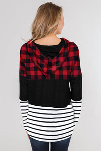 Plaid Striped Splicing Color Block Drawstring Hoodie Jade