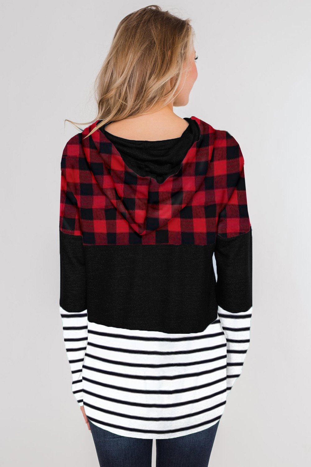 Plaid Striped Splicing Color Block Drawstring Hoodie Jade