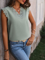 Lace Detail V-Neck Cap Sleeve Top Trendsi