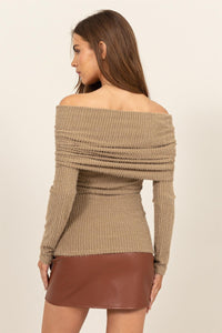 HYFVE Fuzzy Off Shoulder Textured Knit Top Trendsi