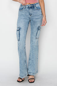 RISEN Full Size High Rise Cargo Flare Jeans Trendsi