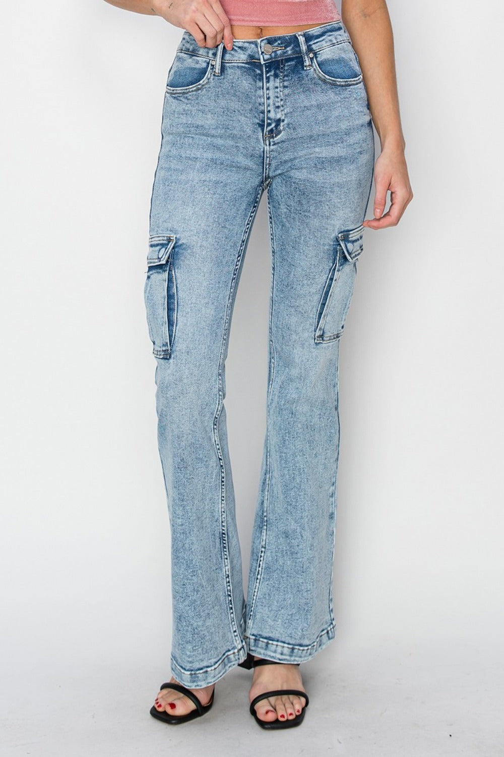 RISEN Full Size High Rise Cargo Flare Jeans Trendsi