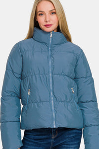 Zenana Zip Up Turtleneck Puffer Jacket with Pockets Trendsi