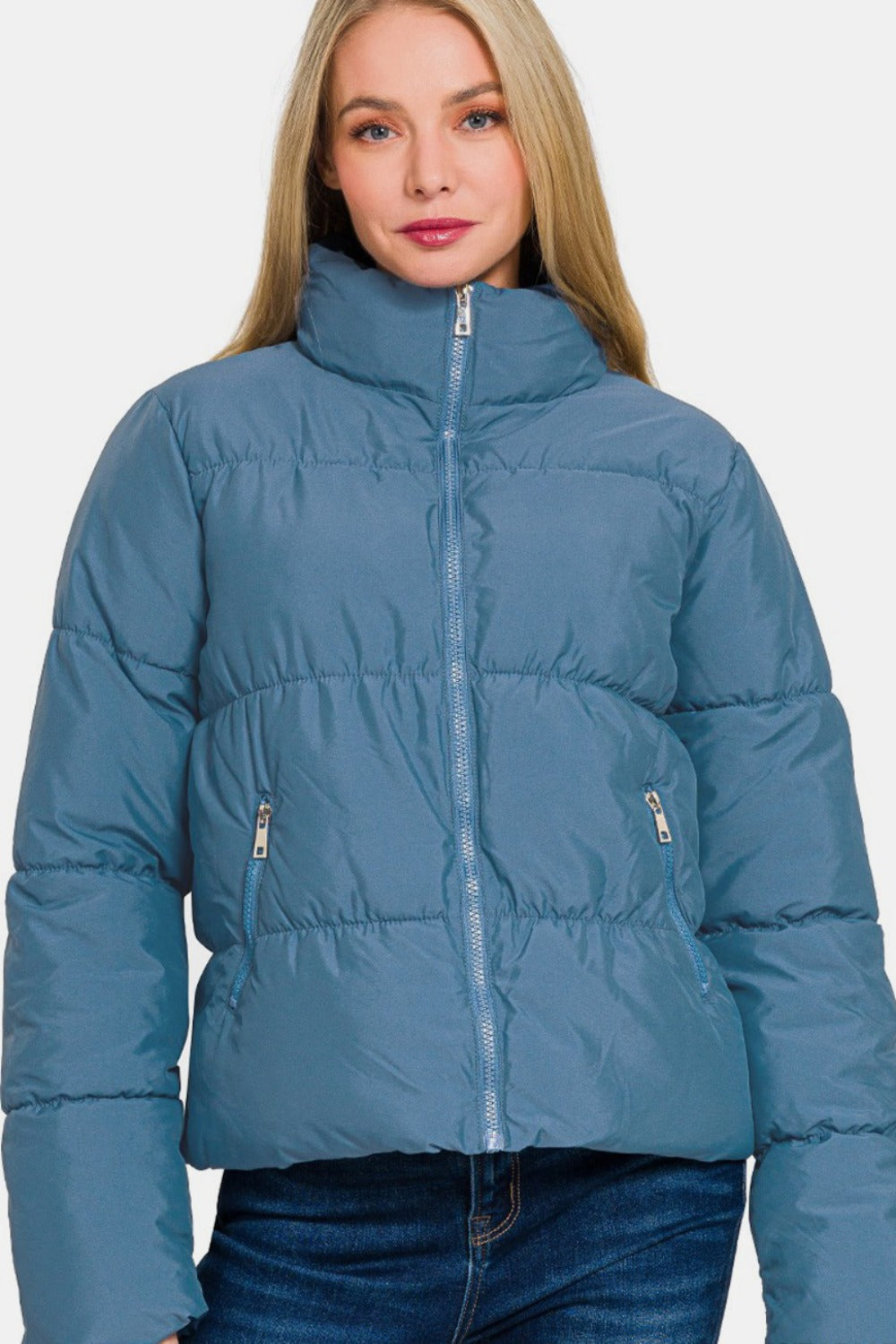 Zenana Zip Up Turtleneck Puffer Jacket with Pockets Trendsi