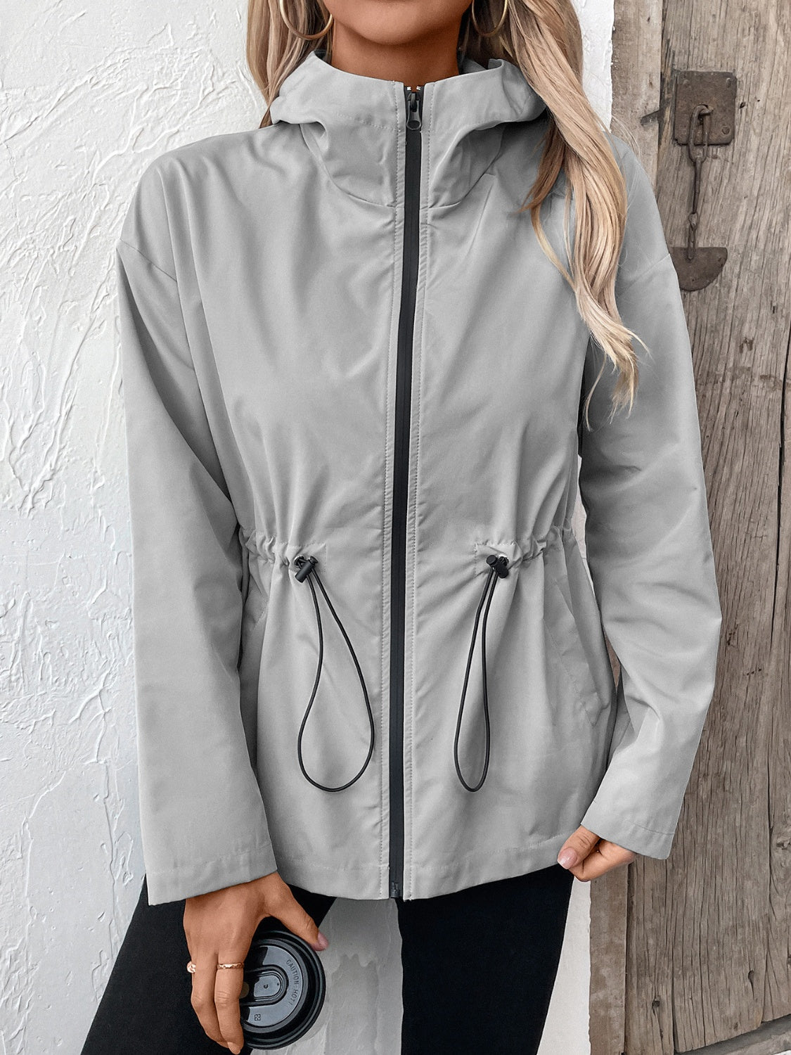 Drawstring Zip Up Hooded Jacket Trendsi