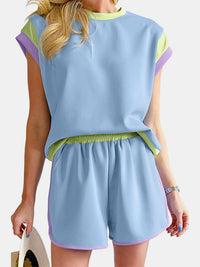 Contrast Round Neck Top and Shorts Set Trendsi