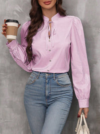 Striped Tie Neck Long Sleeve Blouse Trendsi