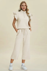 Double Take Full Size Texture Ruffle Short Sleeve Top and Wide Leg Pants Set Trendsi