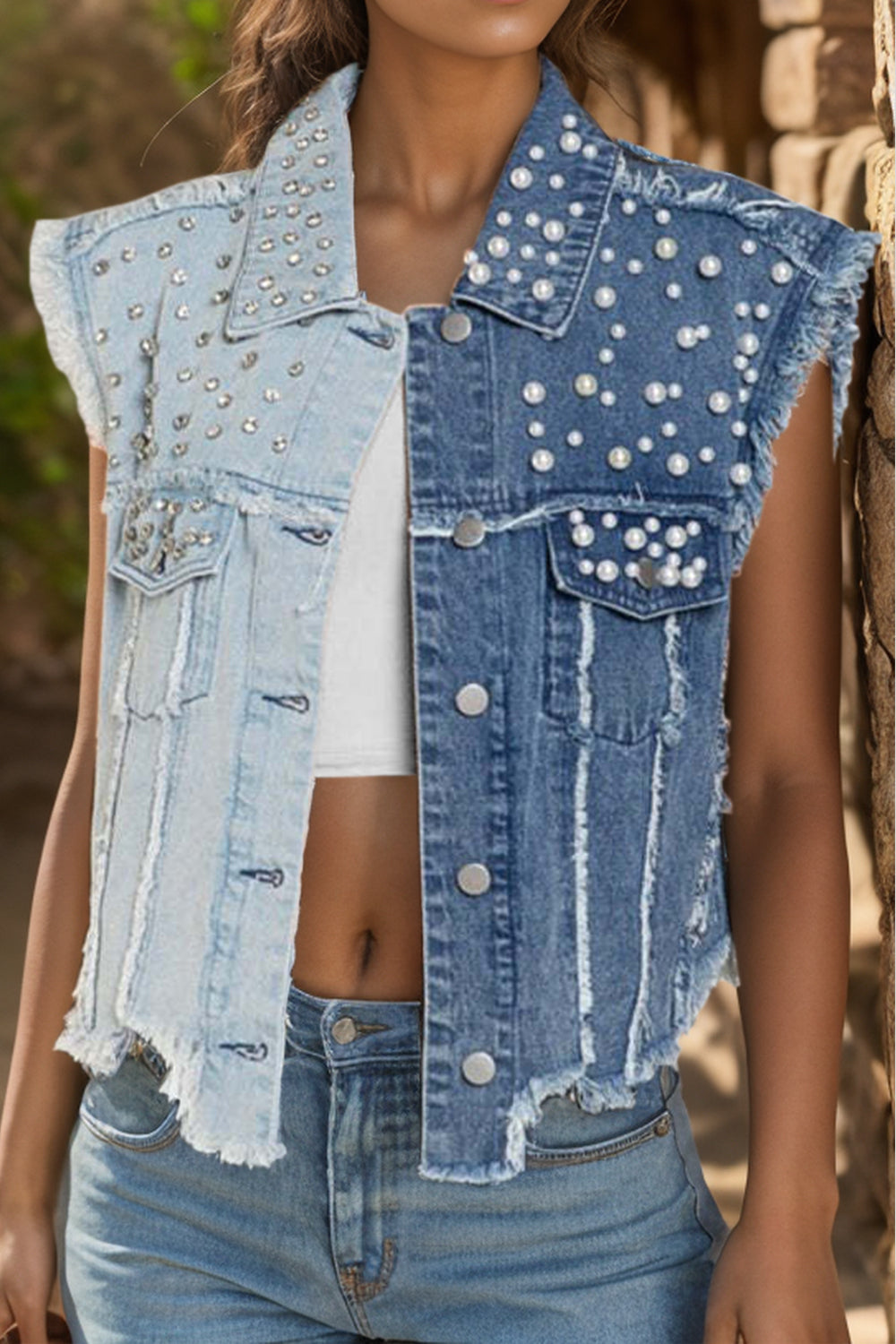 Pearl Raw Hem Sleeveless Denim Jacket Trendsi